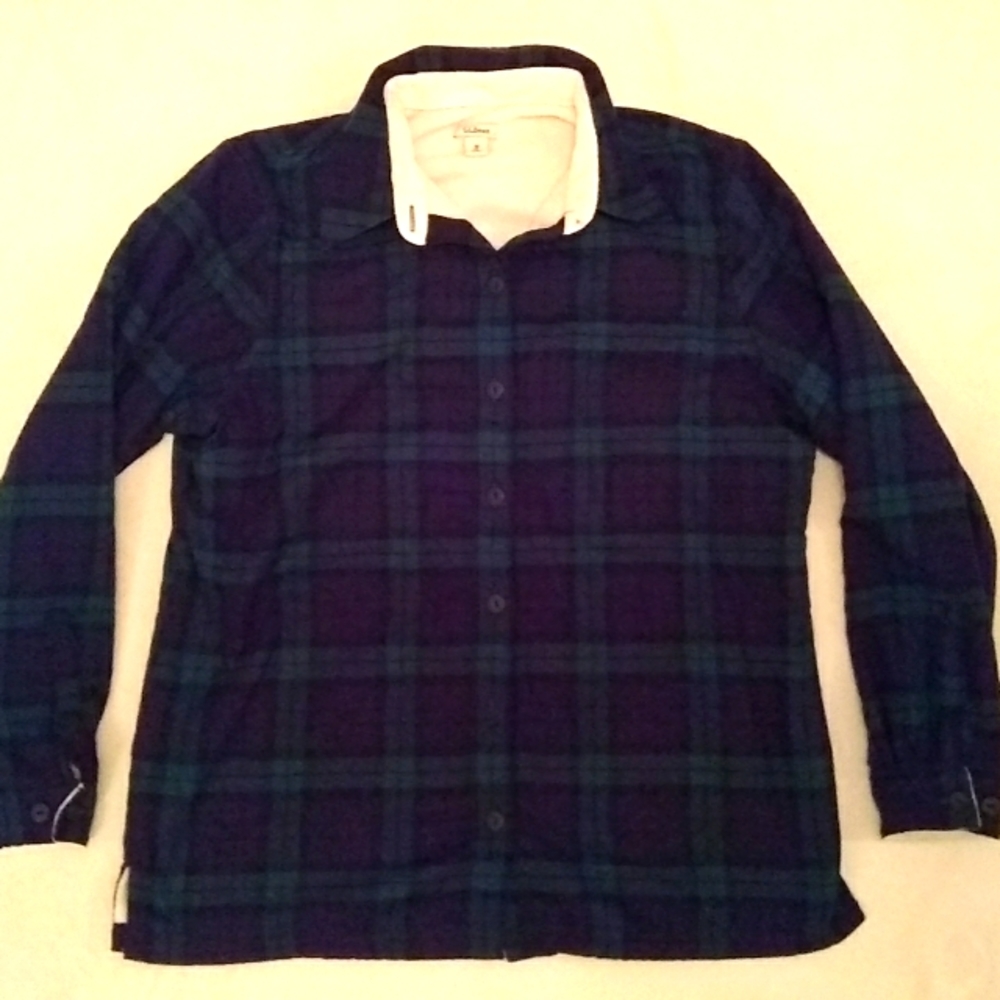 LL Bean Sherpa fleece black watch plaid button down sweater